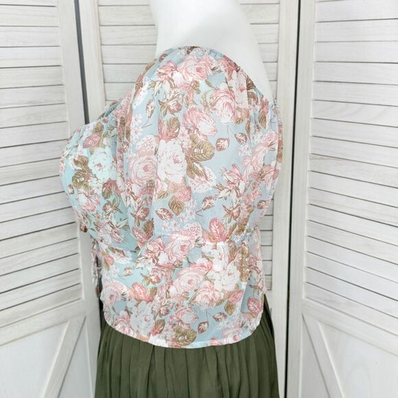 Active USA Sheer Floral Chiffon Tie Front Crop Blouse Blue Pink 1XL Puff Sleeve - Picture 3 of 15
